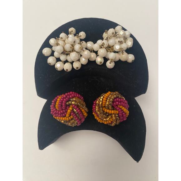 Vintage MADE IN WESTERN GERMANY Clip on Earrings Beaded White Beads Dangle Pairs - Picture 3 of 6